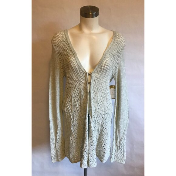 Knitted & Knotted Long Light Green & White Loose Knit Cardigan, Size Small - Picture 1 of 10